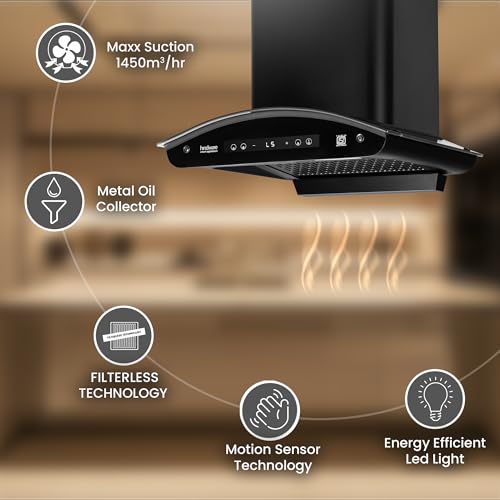 Image of Hindware Smart Appliances | Alexio Plus BLDC 60 cm Chimney | 1450 CMH | Curved Glass | Filterless | Auto Clean | Touch Control, Motion Sensor | 12 Yrs Warranty on Motor & 3 Yrs on Product (Black)