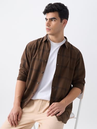 Image of The Souled Store: Blue Sails Men and Boys Long Sleeve Collared Neck Button Front Blue and Cream Checked Embroidered Regular Fit Cotton Linen Shirt