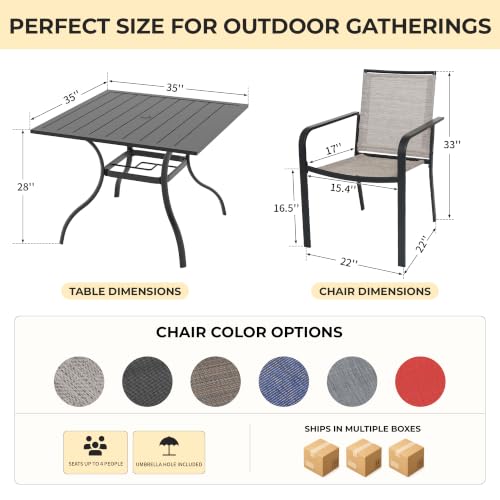 Image of Anmutig 5 Piece Patio Dining Set, Outdoor Stackable Chairs and 35 inch Square Metal Patio Table with 1.57 inch Umbrella Hole for Garden Backyard Deck, Red