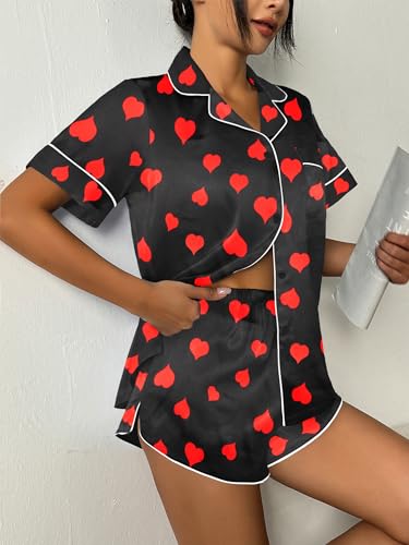 Image of Ekouaer Womens Silk Satin Pajama Set Print Short Sleeve Sleepwear Button Down Pjs Shorts Set Loungewear