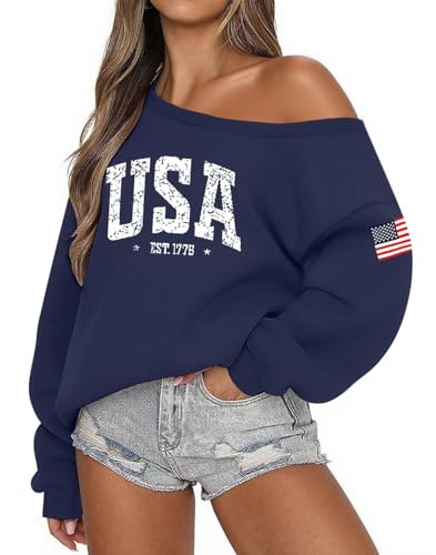 Lacozy Womens Sweatshirt USA Graphic Off The Shoulder Sweater Oversized Fleece Long Sleeve Hoodie Spring Fashion Navy S