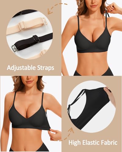 Image of Deep V Neck Backless Bras for Women Padded Bralette Push Up Seamless Wire-Free Low Back Bra Convertible Straps, Black, S