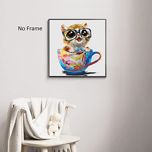 Watercolor Cat Canvas Art Cat In A Cup Canvas Painting Cat Picture Prints Cat Art Prints Cute Animal Poster Cat With Glasses Wall Art Abstract Cat Picture Cat Artwork Cute Cat Paintings 16X16Inch Unframed #TOP5