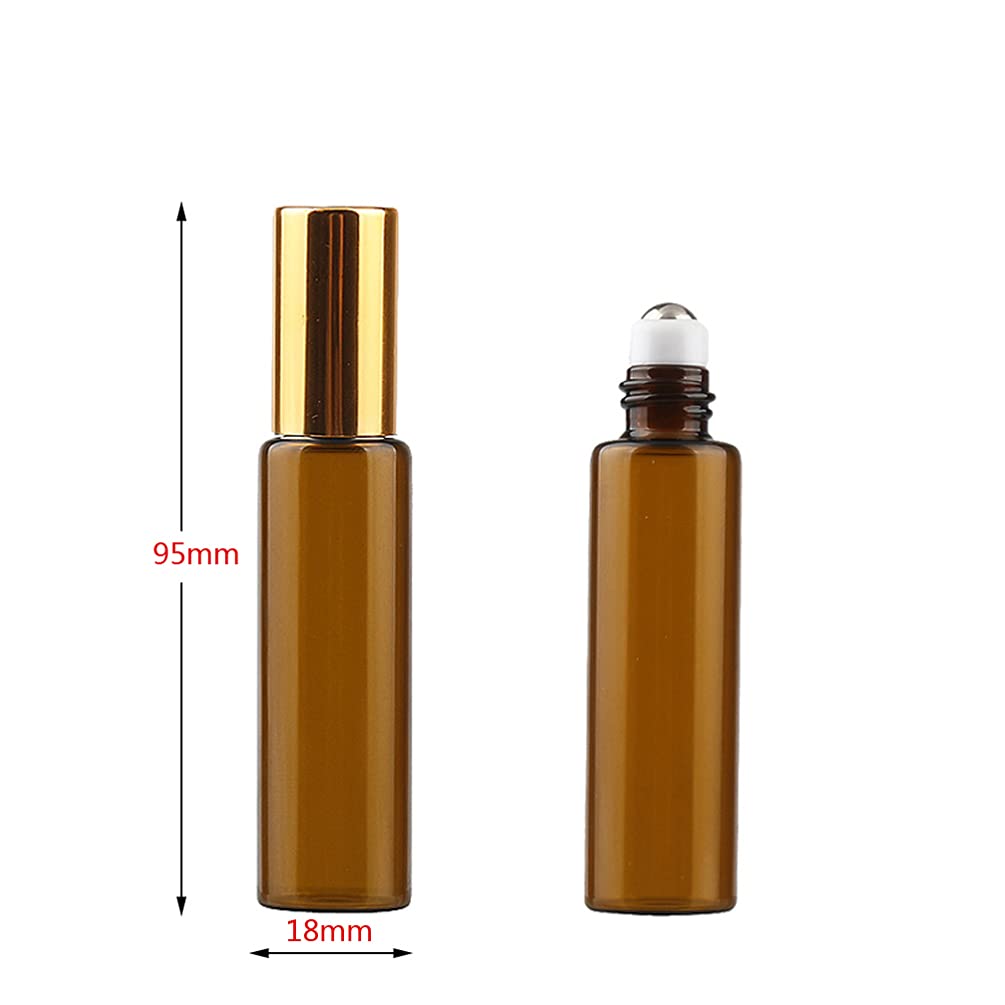 Lot de 20, Flacons à Bille pour Huiles Essentielles 10ml – Bouteilles Roll On en Verre Marron Ambre avec Or Bouchon à Vis avec 1x décapsuleur 1x entonnoir 1x pipette