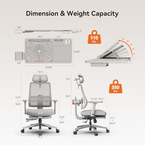 Image of Ergonomic Office Chair with Auto Adaptive Lumbar Support & Laptop Tray | Retractable Footrest,5D Headrest,4D Armrest,96-136 Lock Recline,BIFMA Aluminum Base,Grey Mesh for Home Gaming Work