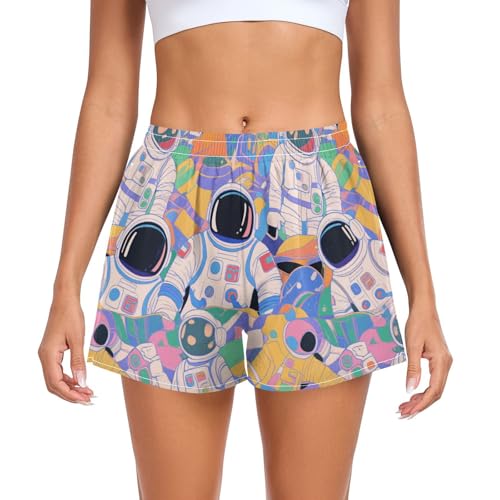 EtherSpher Colorful Cartoon Cute Astronauts Womens Athletic Shorts with Pockets Teens Sport Shorts for Running Yoga Sports Beach ropa para hacer ejercicio L
