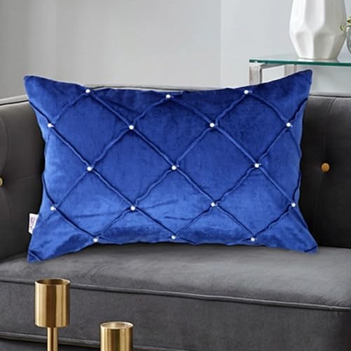 Image of Home - The Best is for You Luxurious Blue Velvet Lumber Cushion Covers with MOTIWORK - Set of 2, 12x18 Inch