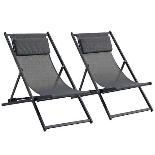 Outsunny Lot de 2 Bain de Soleil, Chaise Longue Pliante avec appuie-tête en textilène, transat Jardin extérieur inclinable de Plage Camping Piscine terrasse, 60 x 100...
