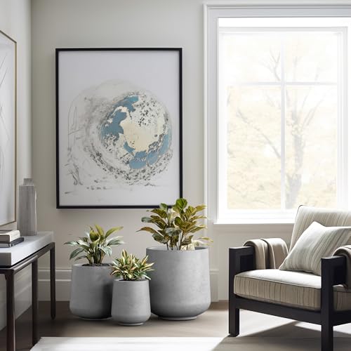 Image of Kante Set of 3 Pale Gray Concrete Curved Planters 16.5 inch 13 inch 9.4 inch Dia | Drainage for Outdoor, Rubber Plug for Indoor Home, All-Weather Cement Pot, Handcraft, Lightweight & Durable, Anti-UV, Round
