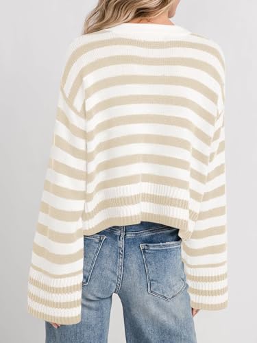 Image of Saodimallsu Womens Striped Cardigan Sweaters Cropped Fall Button Open Front Long Sleeve Knit Sweater Coat with Pockets