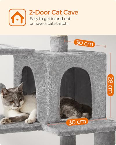 Image of Feandrea Cat Tree, 54.2-Inch Cat Tower, Plush Multi-Level Condo with 4 Scratching Posts, 2 Perches, Hammock, Cave, Light Gray UPCT161W01