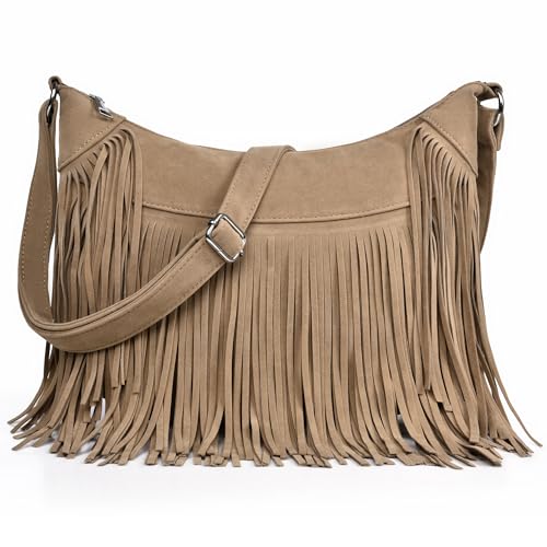 Image of Fringe Hobo Bags for Women Vintage Suede Crossbody Bag Hippie Western Cowgirl Purses Tassel Shoulder Bag