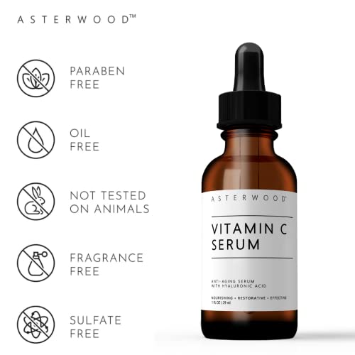 Asterwood Pure Vitamin C Facial Serum For Skin Organic Hyaluronic Acid Added; Brightening, Smoothing, Hydrating; Fragrance Free, Paraben Free, 29 Ml/1 Oz #TOP1
