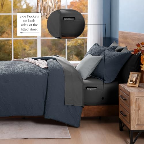 Image of Geniospin Queen Comforter Set - 7 Pieces Blue Gray Textured Queen Bedding Sets with Comforter, Sheets, Pillowcases & Shams, All Season Blue Gray Bedding