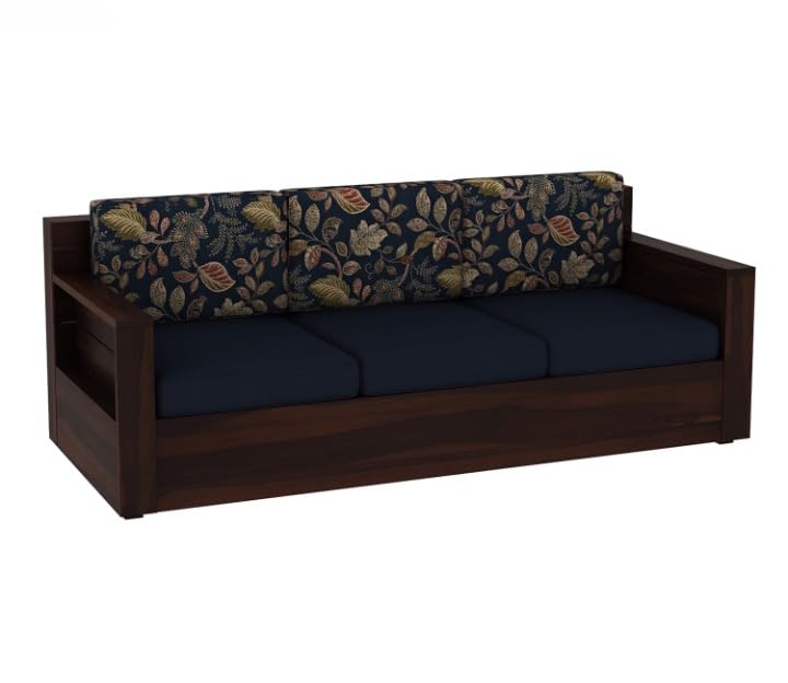 Image of Kunjal Furniture Solid sheesham Wood Wooden 3 Seater Sofa for Living Room - Sofa with Cousins seat - Sitting Pretty 3-Seater Couch (Walnut, Modern+Blue)