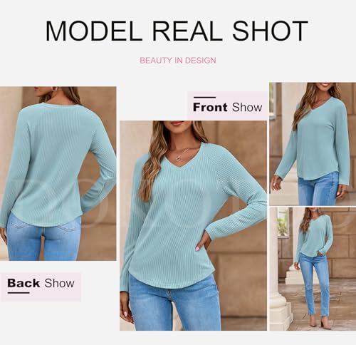 Dokotoo Womens Tops Fashion 2025 Raglan Long Sleeve Soft Knitted Solid Color V Neck T Shirts Casual Loose Fit Tee Shirt4