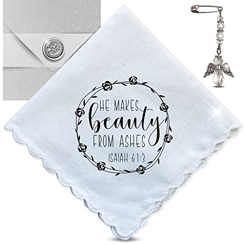 He Makes Beauty From Ashes Handkerchief Message of Faith for Hard Days - Handmade Meaningful Bible Quote Poem, 100% Cotton Ladies Hanky, Affectionately Gift Packaged with Custom Envelope and Note Card