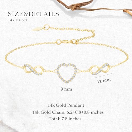 SISGEM 14k Gold Created Moissanite Heart and Infinity Bracelet for Women, Real 14ct Hand Jewelry Gifts for Her, 6.2"-7.8"4