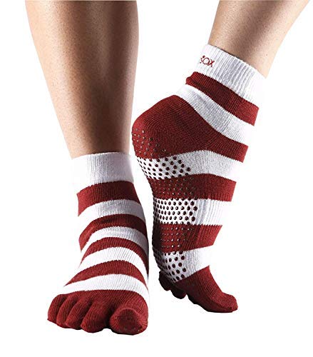 toesox Grip Pilates Barre Socks – Non Slip Ankle Full Toe for Yoga & Ballet, X-Small, Holiday Red Stripe
