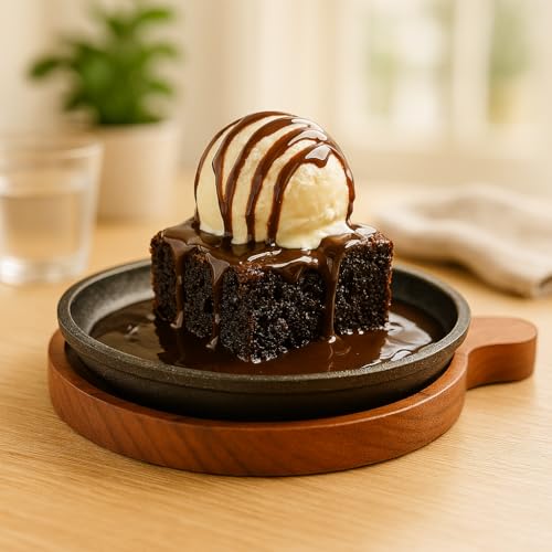 Image of REMARKABLE Iron Sizzler Plate with Wooden Base | Small Dessert Round Serving Platter with Handles | Brownie Sizzler Tray for Cake | Sizzling Brownie Plate |Hot Sizzling Plate | 5 inch Qtr. Size |Set of 1