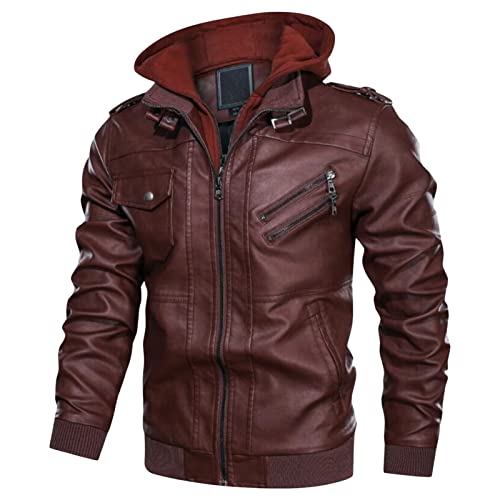 Maiyifu-GJ Motorcycle Jacket for Men PU Faux Leather Removable Hooded Bomber Jacket Vintage Casual Zip Up Warm Winter Coat (Red,Large)