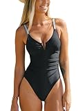 CUPSHE Women's One Piece Swimsuit Tummy Control V Wire Neck Bathing Suit Ruched High Cut Adjustable Straps, M Black