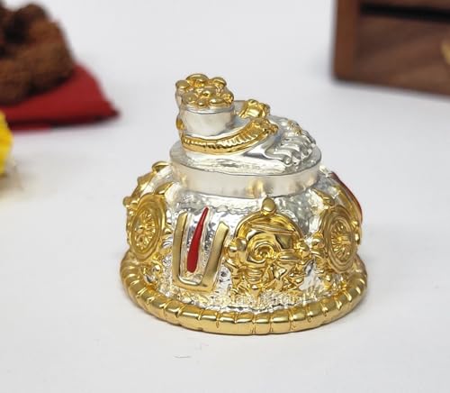Image of Gold Art India Lord Balaji Charan Paduka Gold Silver Plated Two Tone Matte Finish Vishnu Charan Paduka for Pooja Room /Car Venkateswara Swamy Feet Shanku Chakra Namam Gifting Gold Silver Plated 2 Inch