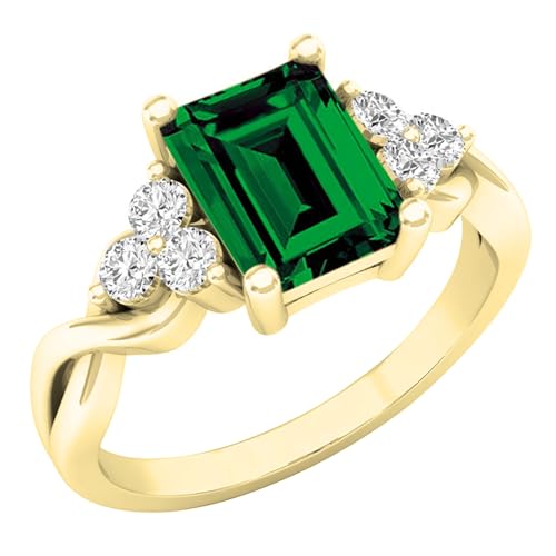 Dazzlingrock Collection 8x6mm Emerald Shape Lab Created Emerald & Round Lab Created White Sapphire Crisscross Shank Engagement Ring for Women in 10K Solid Gold