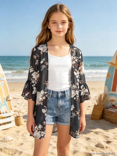 Image of GORLYA Girl's Floral Print Chiffon Beach Cardigan Cover ups Kids Casual Kimono Capes Swimsuit Wraps
