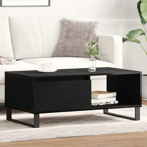 EDNRSOG Table d'appoint en bois aspect chêne avec pieds en métal, table basse 90 x 50 x 36 cm avec tiroir et compartiment de rangement