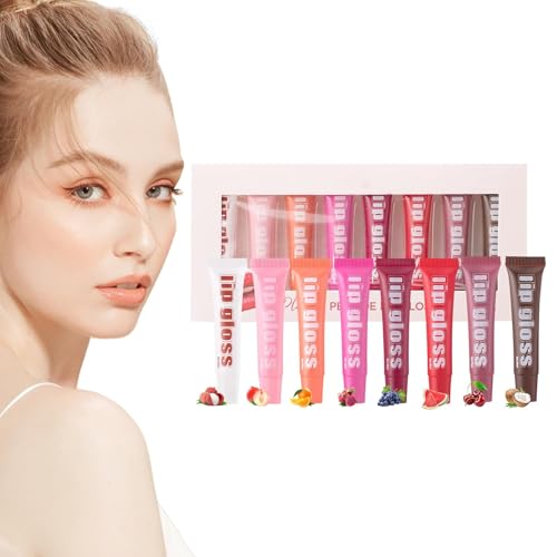 Juego de brillo de labios con sabor para niñas, 8 aceites de labios con sabor a fruta para labios secos, brillo de labios transparente en surtidos de frutas, brillo de labios de larga duración
