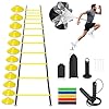 Agility Ladder, Speed Training Equipment Set, 20ft 12-Step Agility Ladder with 4 Fixed Steel Spikes, 5 Resistance Bands, 12 Football Cones, Jump Rope, Running Resistance Umbrella for Kids Teens Adults