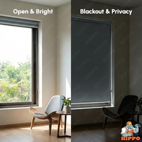 Image of HIPPO No Drill Blackout Blinds for Windows | No Tools, Light & Heat Blocking Blinds, UV Protection, Smooth Chain, Inside Mount, Ideal for Sun Exposed Areas (Blue-Grey, 3FTX9FT)