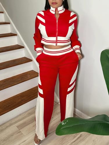 KANSOON Track Suits for Women Set Two Piece Color Block Zip up Crop Sweatshirt Jacket Wide Leg Sweatpants Jogger Outfit4