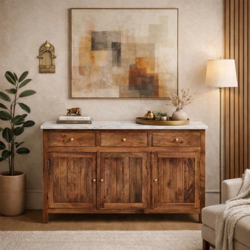 Image of Solid Wood Madrid 3 Door Sideboard Cabinet | Sintered Stone Top Sideboard for Living Room | Finish- Dark Teak