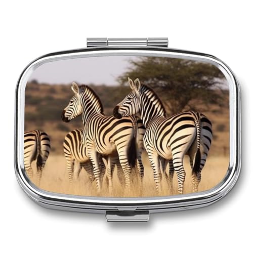 Portable Pill Organizer Zebras On South Africa Small Pill Box 2 Compartment Medicine Vitamin Organizer Travel Medicine Organizer with Mirror & Button Closure Cute Medication Case for Purse