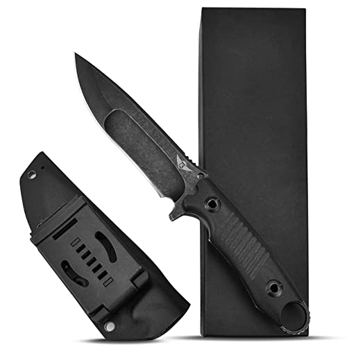 KOMWERO Jagdmesser Gürtelmesser Feststehend Schwarz Stonewash Klinge aus Stück D2 Stahl mit G10 Griff, Kydex Holster - Scharf Full Tang Messer Überlebensmesser mit Geschenkbox, für Outdoor Survial