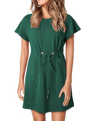 Image of EVALESS Womens Spring Summer Dresses 2026 Casual Round Neck Ruffle Short Sleeve Flowy A Line Mini Dress with Pockets