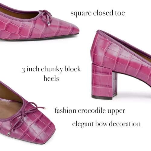 Women Fashion Chunky High Heel Pumps Square Toe Bow Dress Pumps Crocodile Closed Toe Heeled Sandals 3 Inch Block Heels Slip On Dress Shoes Sexy Comfy Office Ladies Party 4-11 M US3