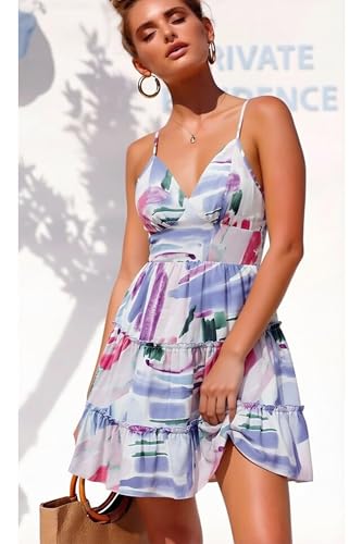 Image of ECOWISH Summer Dresses for Women 2026 V-Neck Spaghetti Strap Bowknot Backless Sleeveless Lace Mini Swing Skater Dress