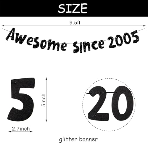 Image of Awesome Since 2005 Banner, Pre-Strung Glitter Black 20th Birthday Banner, Funny 20th Birthday Decorations for Men Women 20 Years Old, Vintage Happy 20th Birthday Party Anniversary Supplies Gifts Ideas