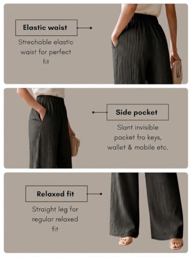 Image of Women's High Waist Wide Leg Trousers | Textured Crinkle Palazzo Pants | Elastic Waist Casual Formal Office Wear Trousers | Comfortable Lightweight Bottom Wear for Women