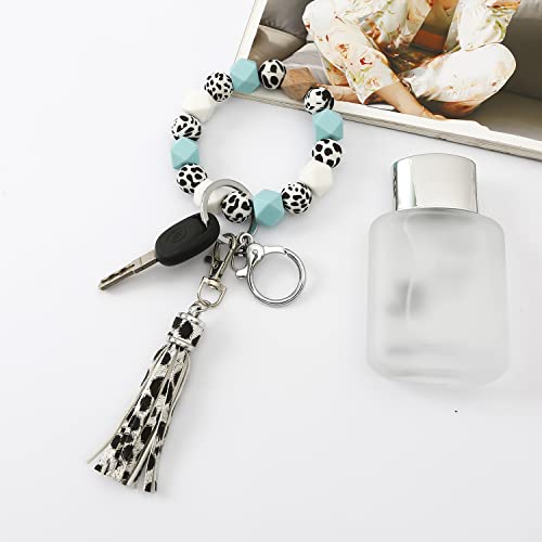 Nynppue Cow Print Silicone Beaded Wristlet Bracelet Keychain,Leather Tassels Car Keychain Key Ring For Women (Teal) #TOP3