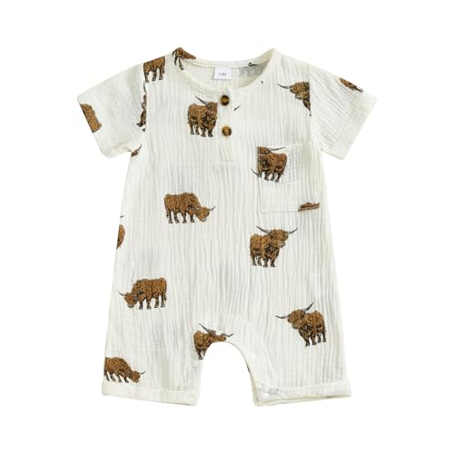 Chloefairy Newborn Baby Boy Western Clothes Highland Cow Romper Short Sleeve Cotton Linen Jumpsuit Cowboy Summer Outfit