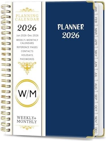 2026 Weekly and Monthly Planner, Jan-Dec, Spiral-Bound with Tabs, Inner Pocket, 6.2