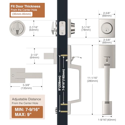 Image of Brightify Satin Nickel Front Door Lock Set, Satin Nickel Door Handle with Door Lever, Front Door Handle Set, Adjustable Deadbolt Lock Set with Single Cylinder, Reversible for Right&Left