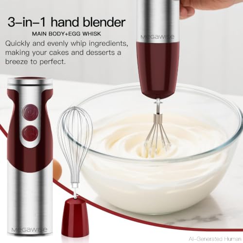 Image of MEGAWISE Immersion Hand Blender 3-in-1, 12-Speed Stick Blender with Turbo, Egg Whisk & Milk Frother for Soups, Sauces, Smoothies and Baby Food, Red