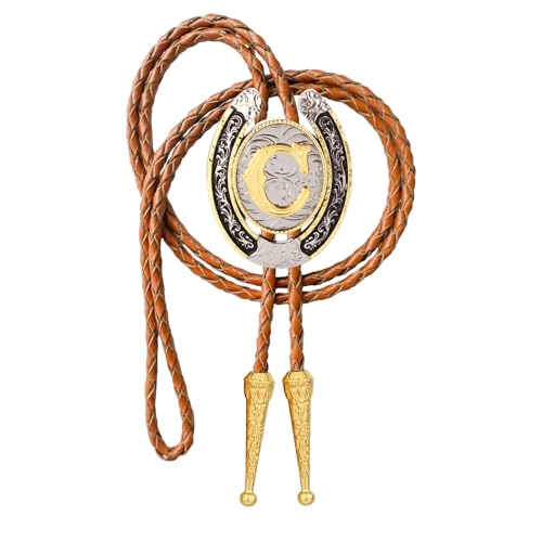Image of Vintage Western Cowboy Rodeo Initial Letter A-Z Bolo Tie for Men | Premium brown braided leather, adjustable sliding clasp, anti-tarnish alloy pendant, versatile A-Z western bolo tie