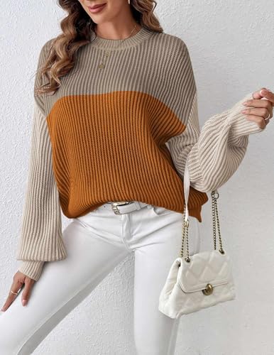 Image of Zeagoo Women 2026 Fall Lightweight Oversized Sweater Crew Neck Long Sleeve Color Block Pullover Rib Knit Blouse Tops XS-2XL