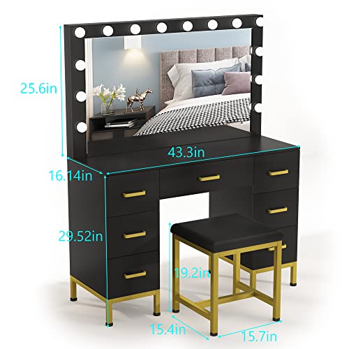 Pakasept Vanity Set With Lighted Mirror, 44'' Large Makeup Vanity With 14Pcs Led Bulbs, Cushioned Stool & 7 Drawers, Vanity Desk Black Vanity For Bedroom Wjj-Ttf28 #TOP6